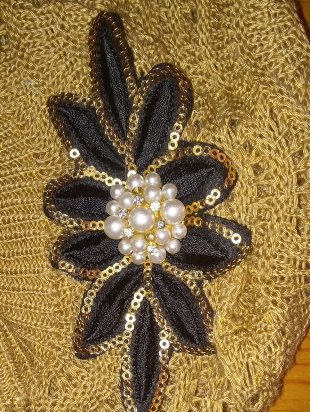 Beige Knit Beret with Pearl & Sequin Flower Accent - Picture 3 of 5